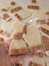 Load image into Gallery viewer, Brown / Cream knitted effect bobble hat & mittens wax melt shapes