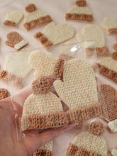 Load image into Gallery viewer, Brown / Cream knitted effect bobble hat &amp; mittens wax melt shapes
