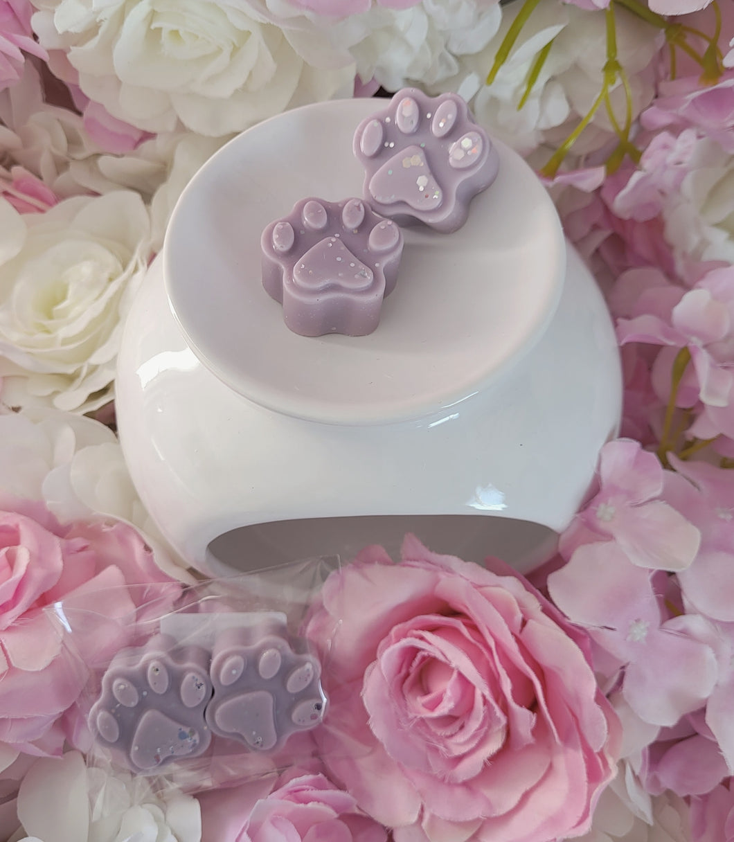 Purple paw print wax melt shapes in lavender linen
